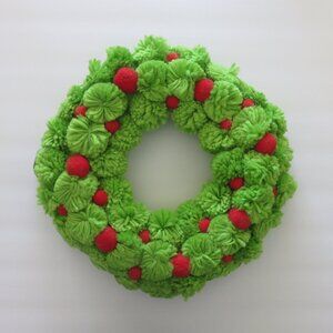 (#122) Christmas Red & Green Pom Pom Yarn Wreath 13.5" inches